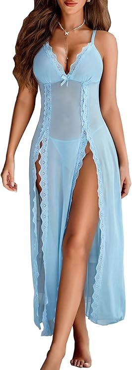 Lingerie Lace Babydoll Chemise Sexy Mesh Nightdress V Neck Nightwear Side Split Nightgown