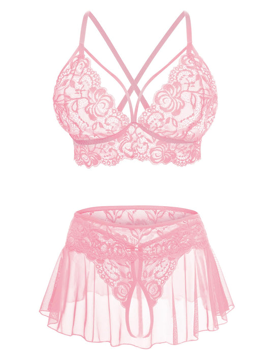 Sexy Lingerie for Women Naughty 3 Piece Lace Bralette, Mini Skirt with G-String Crotchless Lingerie Outfits