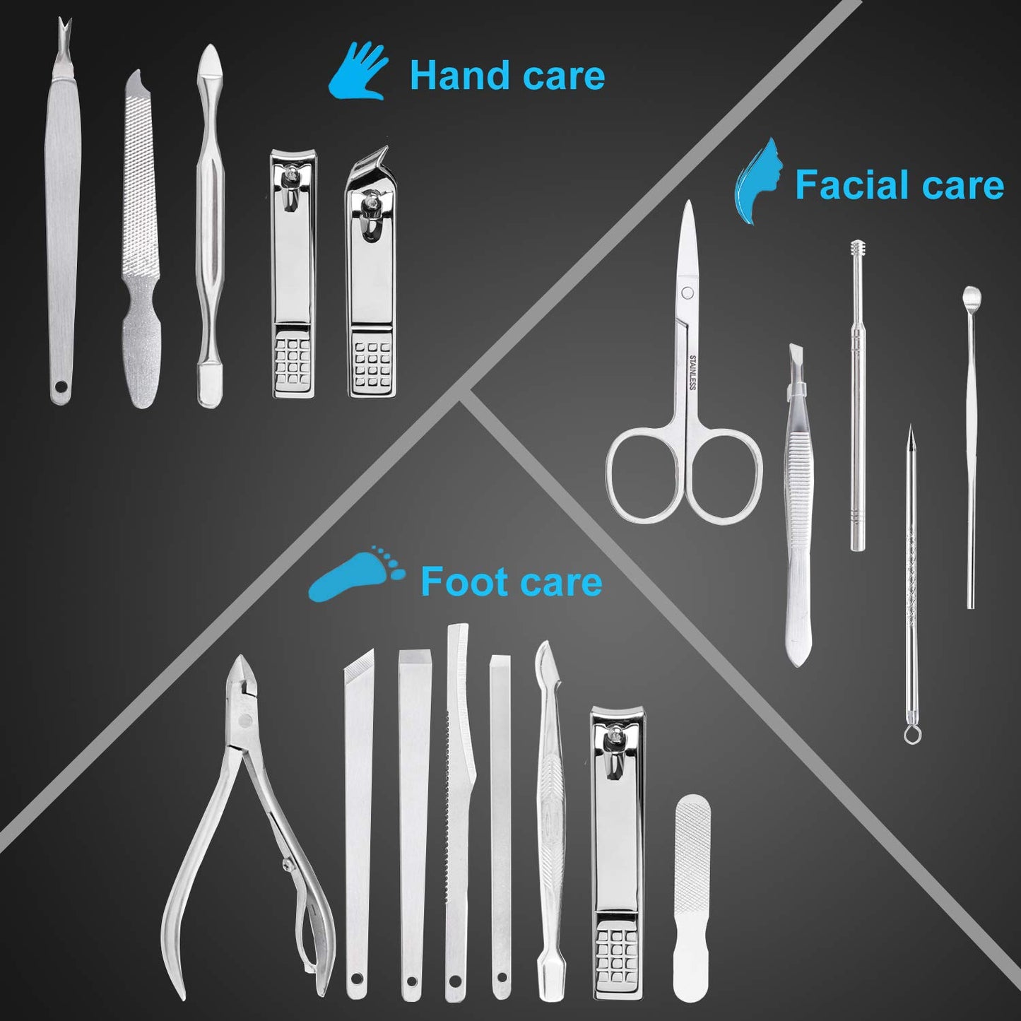 Nail Clippers Set Fingernail and Toenail Clipper Cutters, Manicure Pedicure Kit 18 Pieces Stainless Steel, with Luxurious Travel Case