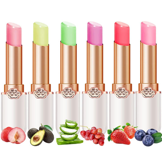 6 Pcs Lipstick Peach Aloe Vera Strawberry Blueberry Avocado Grape Jelly Lipstick Set Temperature Change Moisturizer flower