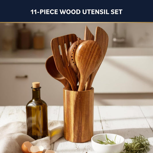 Wooden Utensil Set – Natural Teak Wooden Kitchen Utensils Set with Sturdy, Easy-to-Clean Wooden Spoons for Cooking – Non-Scratch Teak Cooking Utensils (11 pcs)