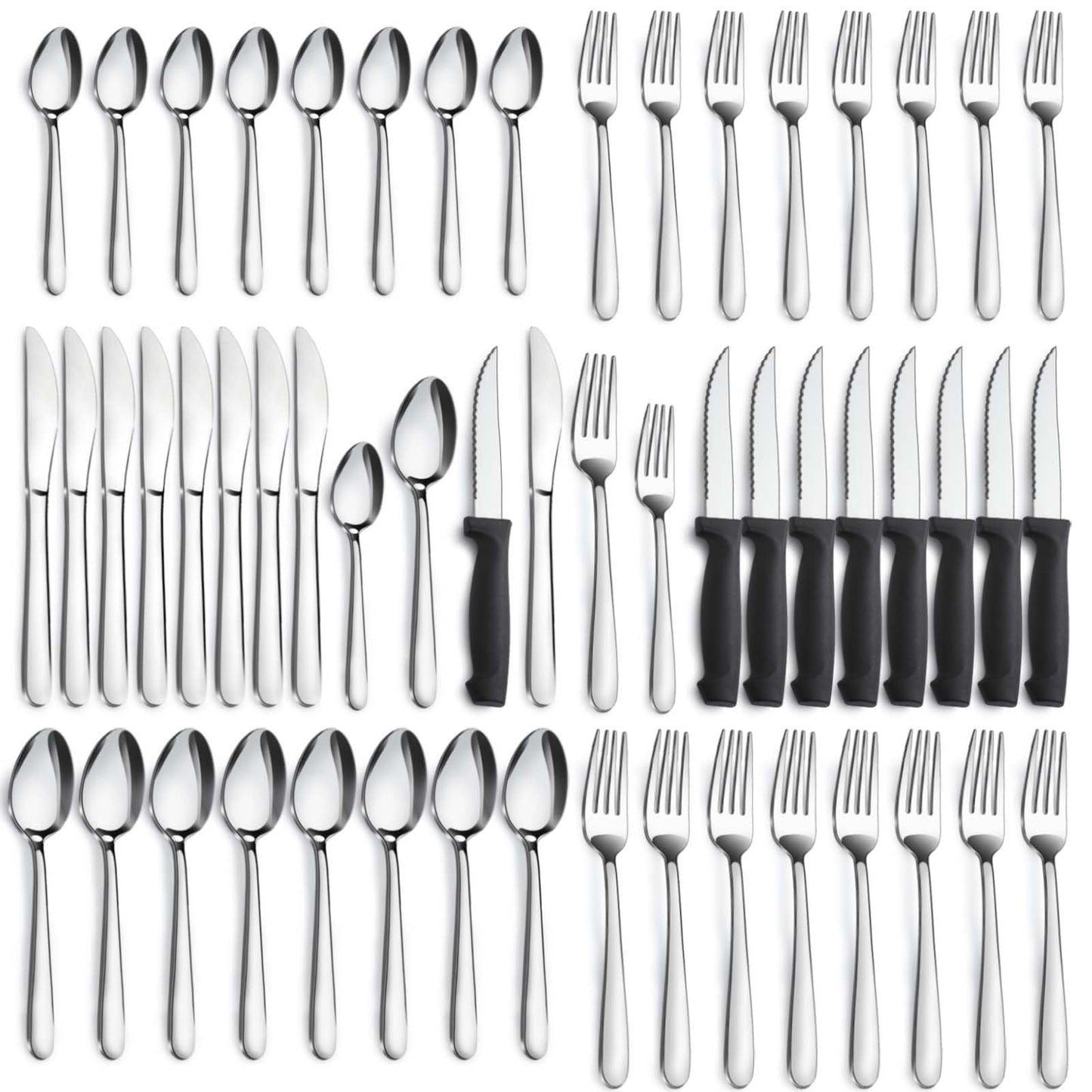 Stainless Steel Flatware with Steak Knives, Forks, Spoons, Knives - Dishwasher Safe for Home or Restaurant