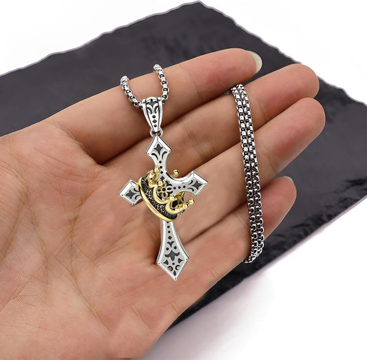 Elegant Cross Necklace for Men Stainless Steel Chain with Detachable Crown Pendant