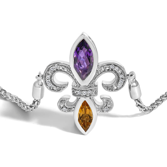 .925 Sterling Silver Marquise Purple Amethyst, Orange Citrine, and Diamond Accent Lariat 4â€-10†Fleur De Lis Adjustable Bolo Bracelet (I-J Color, I1-I2 Clarity)
