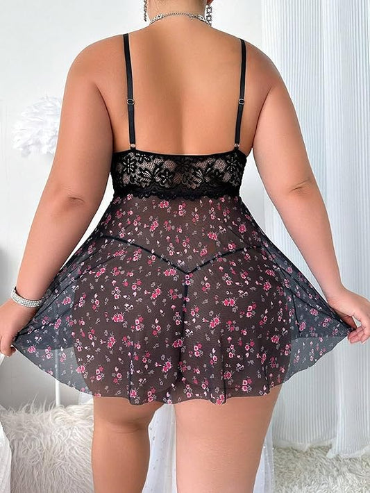 Plus Size Lace Lingerie Flower Print Nightwear Hollow Out Babydoll Chemise Sleepwear