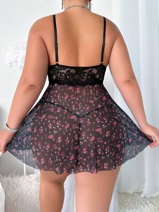 Plus Size Lace Lingerie Flower Print Nightwear Hollow Out Babydoll Chemise Sleepwear