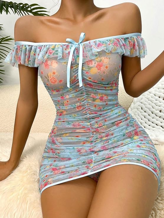 Women's Floral Print Ruched Mesh Babydoll Lingerie Sleepwear Chemise with Thong