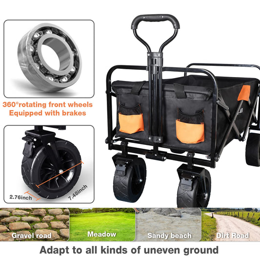 Foldable Wagon Cart, 330lbs Collapsible with Detachable All-Terrain Wheels Cup Holders