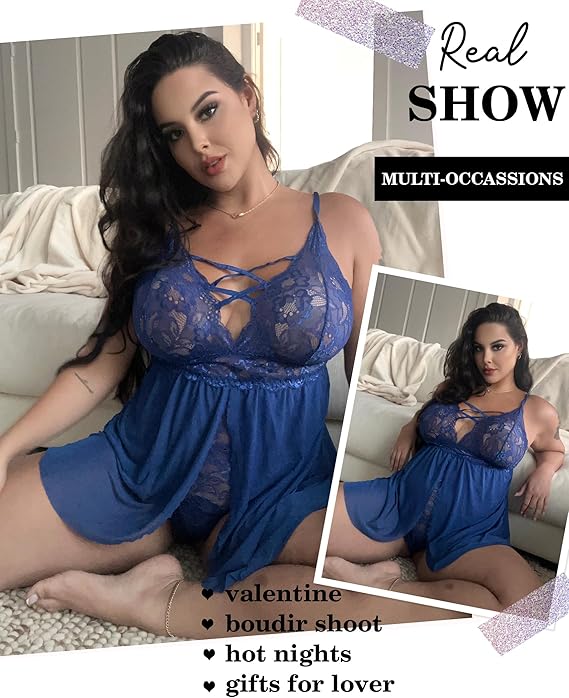 Plus Size Babydoll Womens Snap Crotch Lingerie V Neck Lace Nighty Sleepwear L-5XL