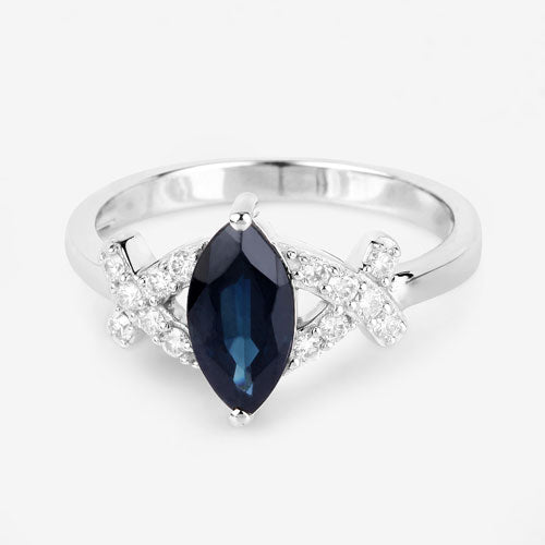 1.50 Carat Genuine Blue Sapphire and White Diamond 14K White Gold Ring