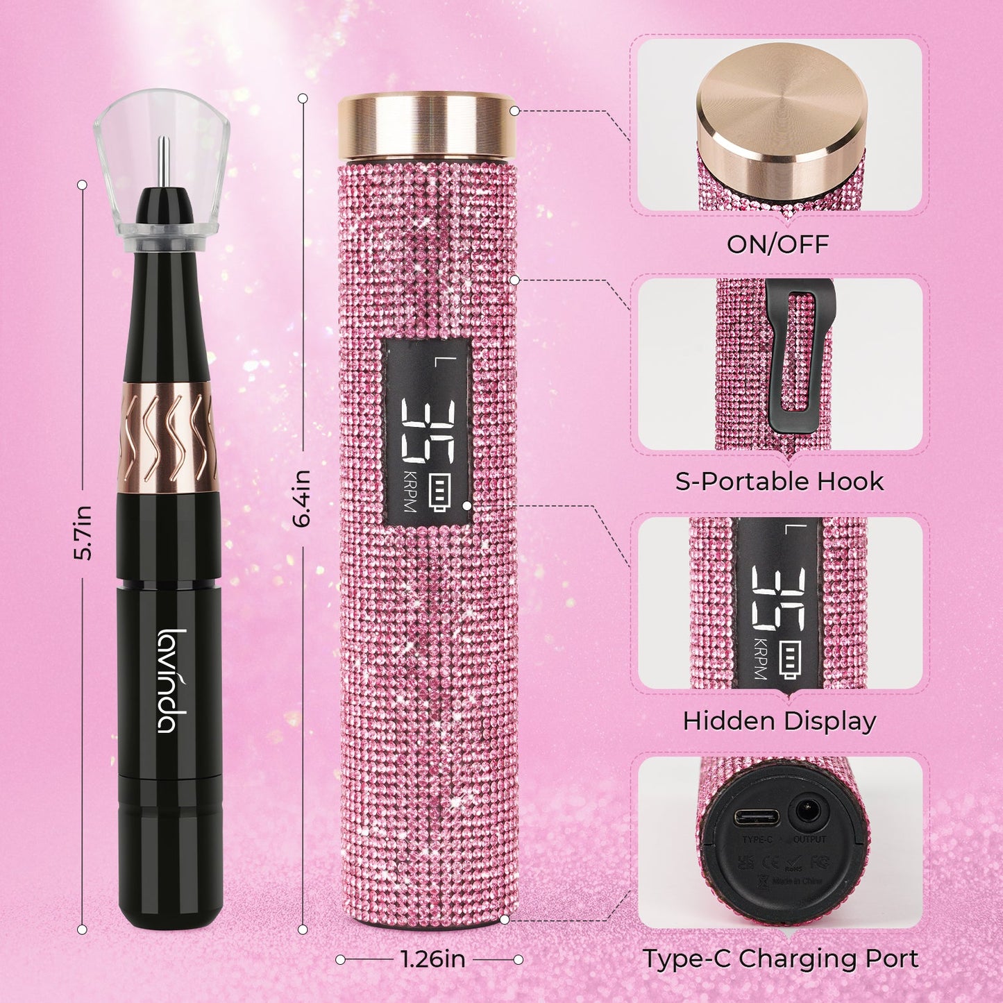 Wand Lite Nail Drill - Pink Diamond - 35,000 RPM Rechargeable