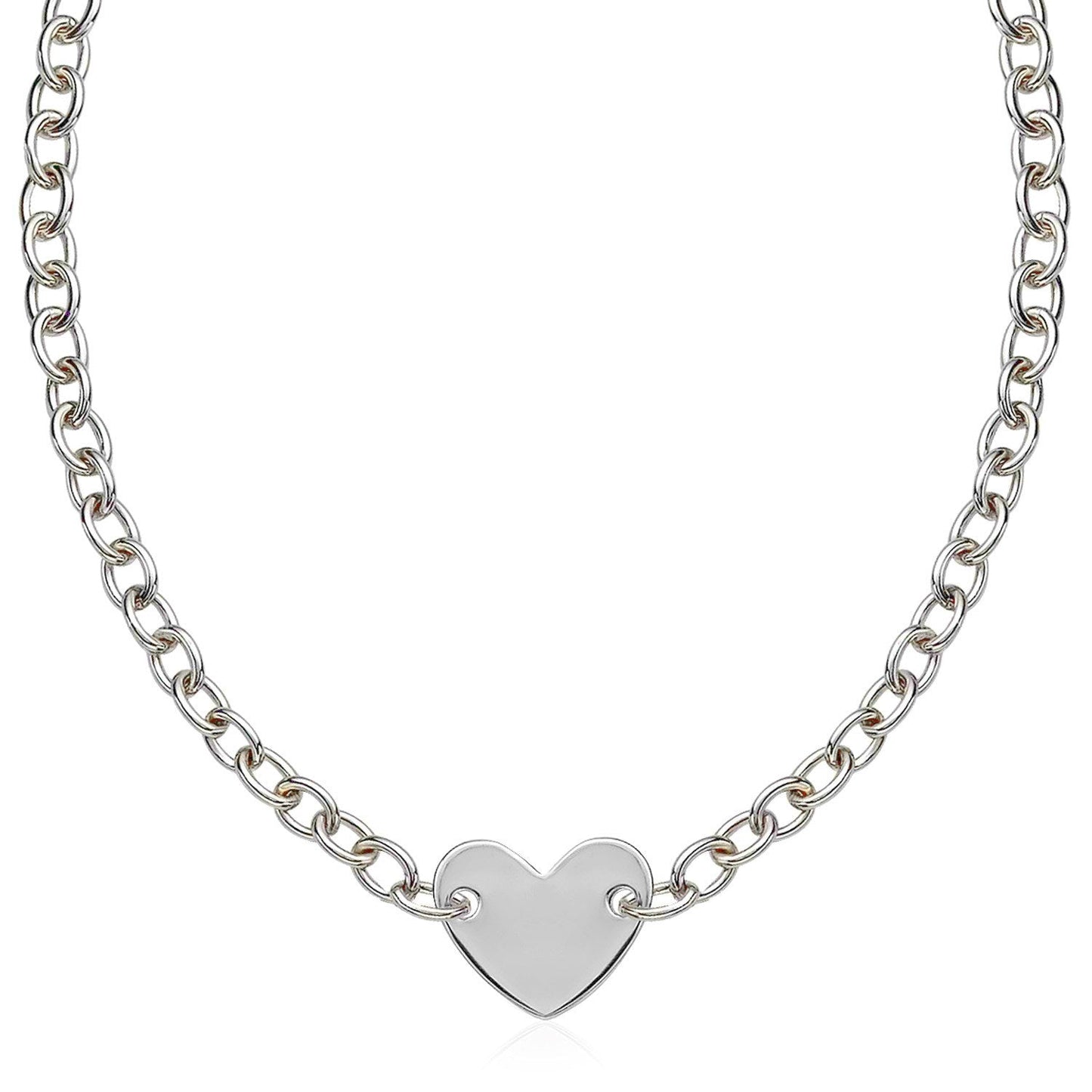 Sterling Silver Rhodium Plated Chain  necklace  with a Flat Heart Motif Station