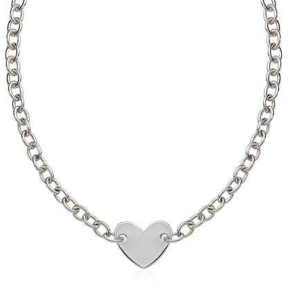 Sterling Silver Rhodium Plated Chain  necklace  with a Flat Heart Motif Station