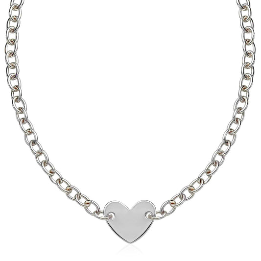 Sterling Silver Rhodium Plated Chain  necklace  with a Flat Heart Motif Station