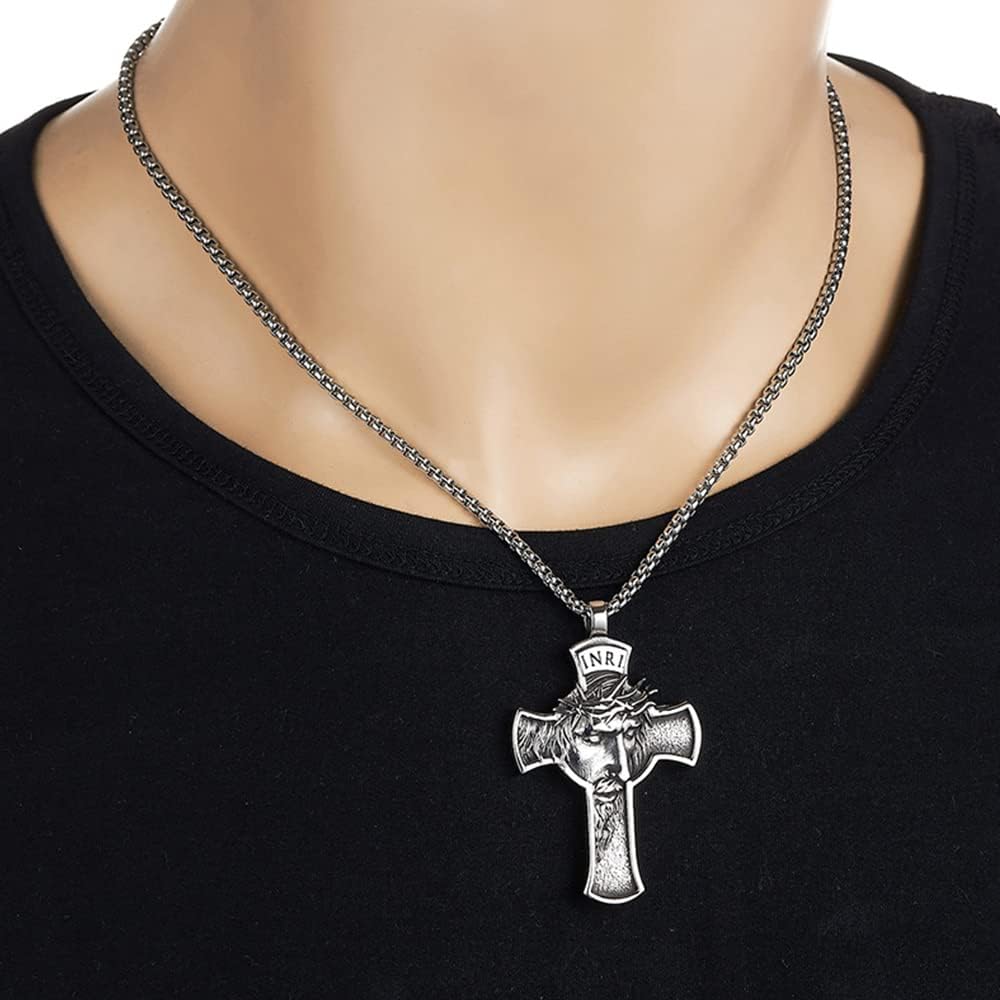NIGHTCRUZ INRI Jesus Christ Necklace, Cross Pendant Necklace with Crown of Thorns Jesus