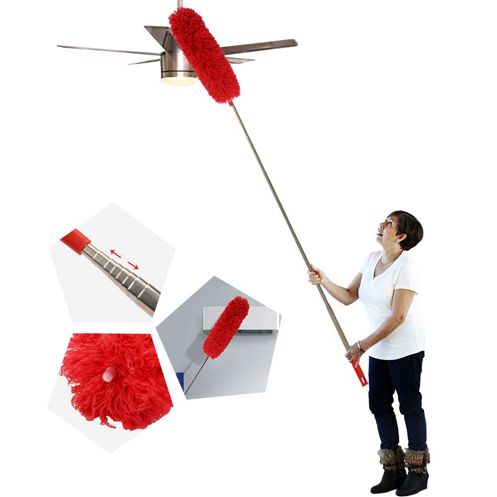 Microfiber Feather Duster Extendable Duster with 100 inches Extra Long Pole, Bendable Head & Long Handle Dusters for Cleaning Ceiling Fan, High Ceiling, Blinds, Furniture & Cars