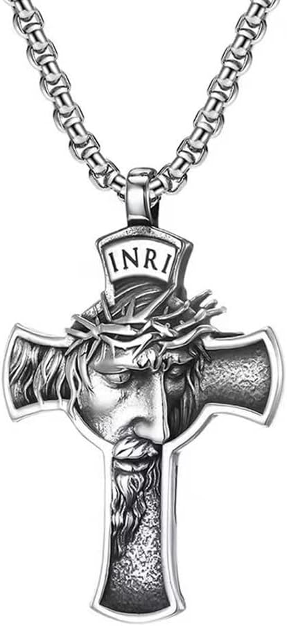 NIGHTCRUZ INRI Jesus Christ Necklace, Cross Pendant Necklace with Crown of Thorns Jesus