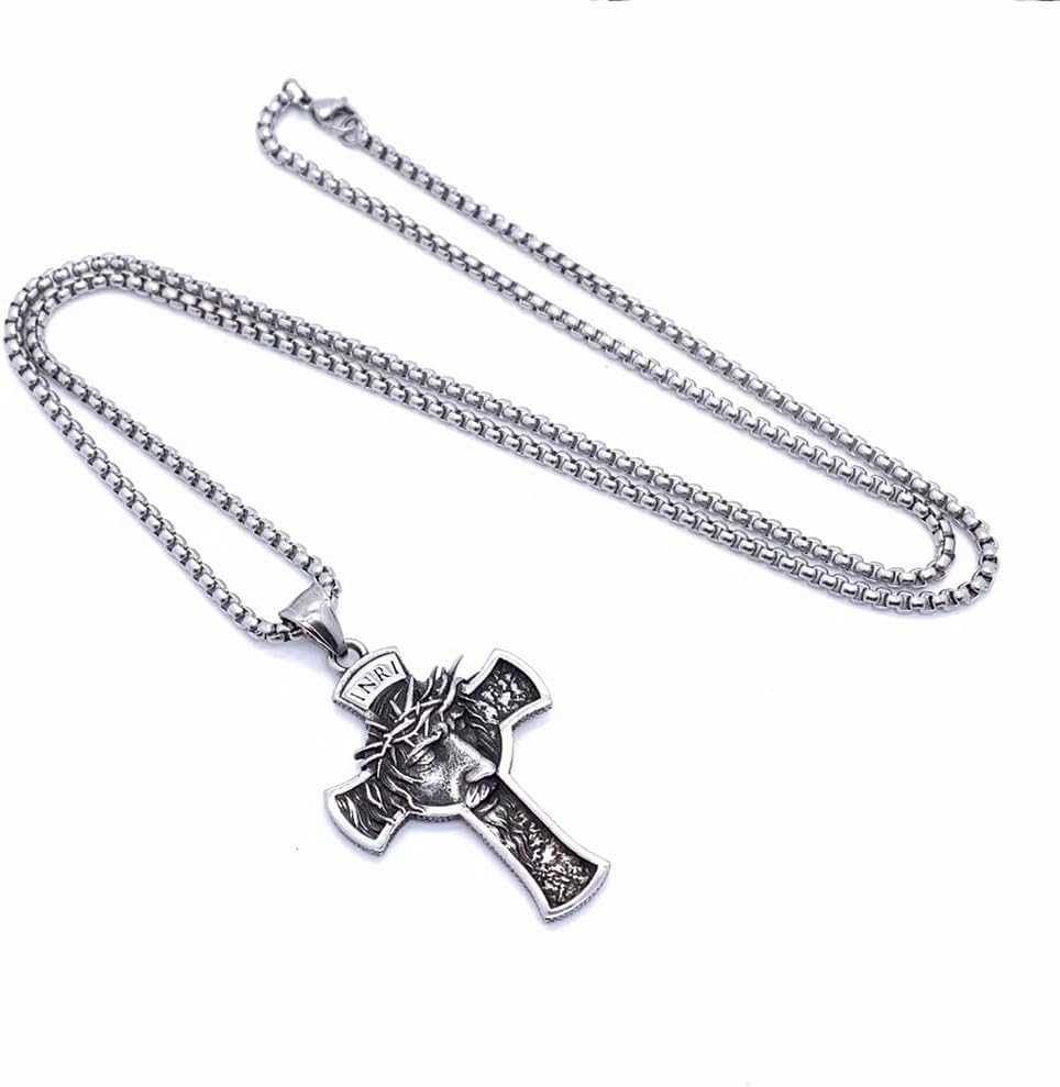 NIGHTCRUZ INRI Jesus Christ Necklace, Cross Pendant Necklace with Crown of Thorns Jesus