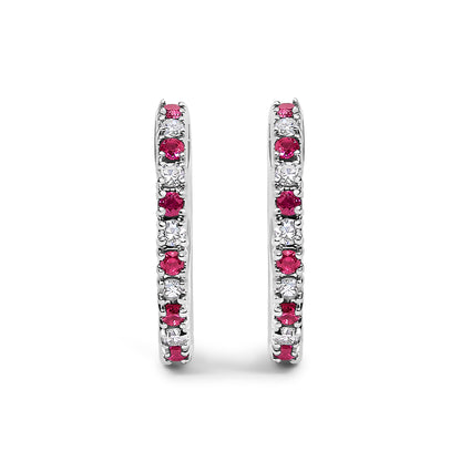 10K White Gold Alternating Diamond and Red Ruby Huggy Hoop Earrings (I-J Color, I1-I2 Clarity)