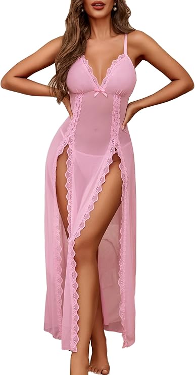 Lingerie Lace Babydoll Chemise Sexy Mesh Nightdress V Neck Nightwear Side Split Nightgown