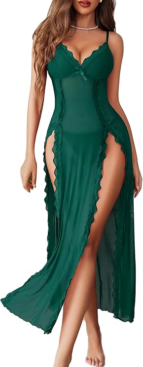 Lingerie Lace Babydoll Chemise Sexy Mesh Nightdress V Neck Nightwear Side Split Nightgown