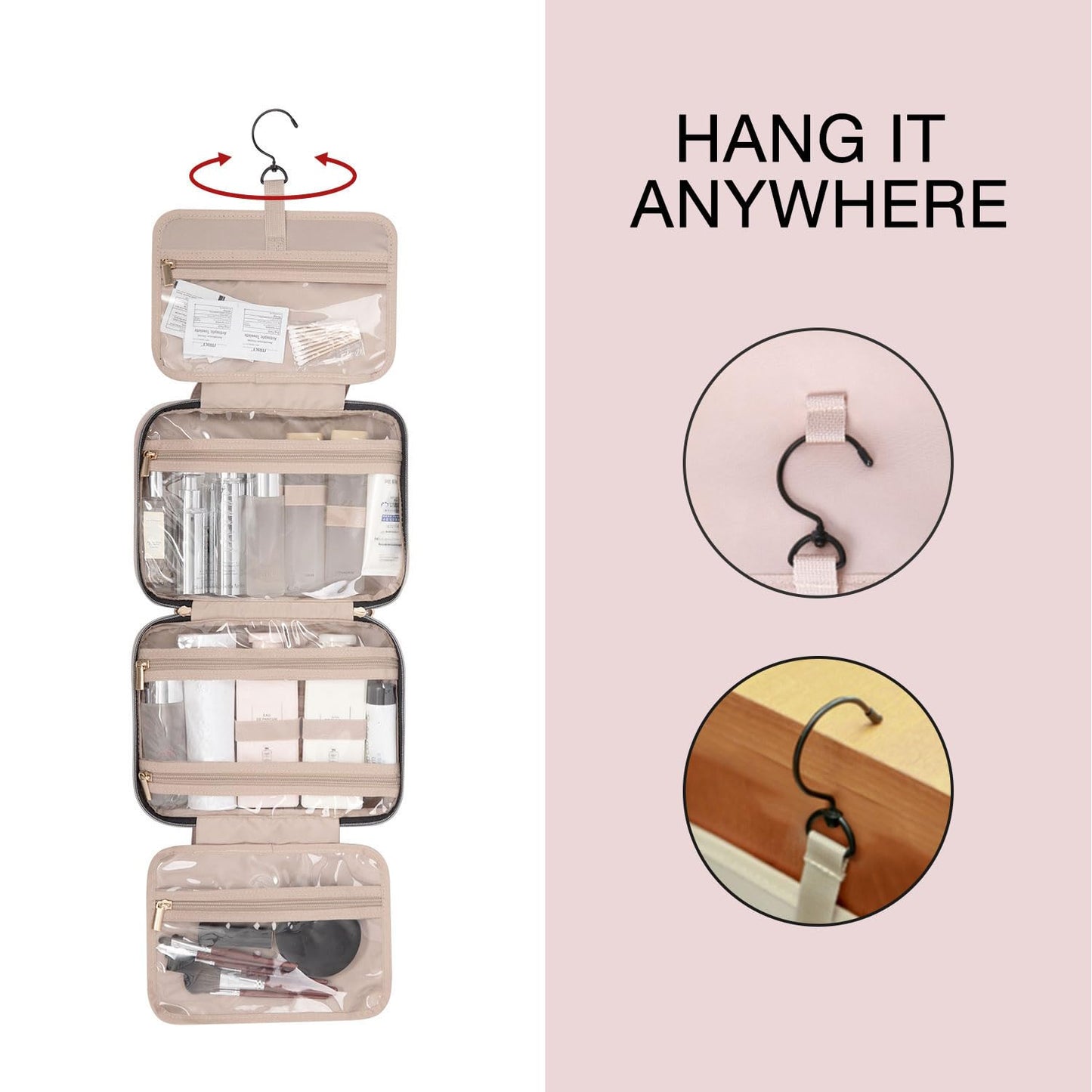 Toiletry Bag Travel Bag with Hanging Hook, Water-resistant Makeup Cosmetic Bag Travel Organizer for Accessories, Shampoo, Full-size Container