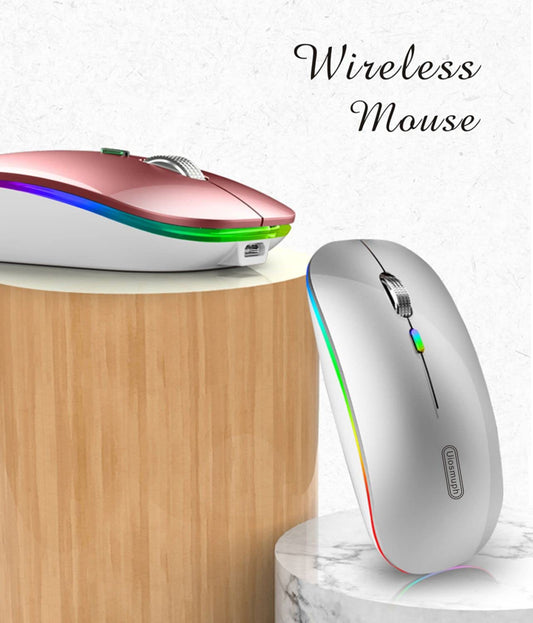 LED Wireless Mouse, G12 Slim Rechargeable Silent Mouse, 2.4G Portable USB Optical Wireless Computer Mice with USB Receiver and Type C Adapter