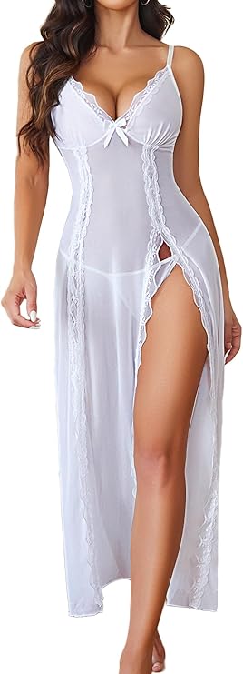 Lingerie Lace Babydoll Chemise Sexy Mesh Nightdress V Neck Nightwear Side Split Nightgown