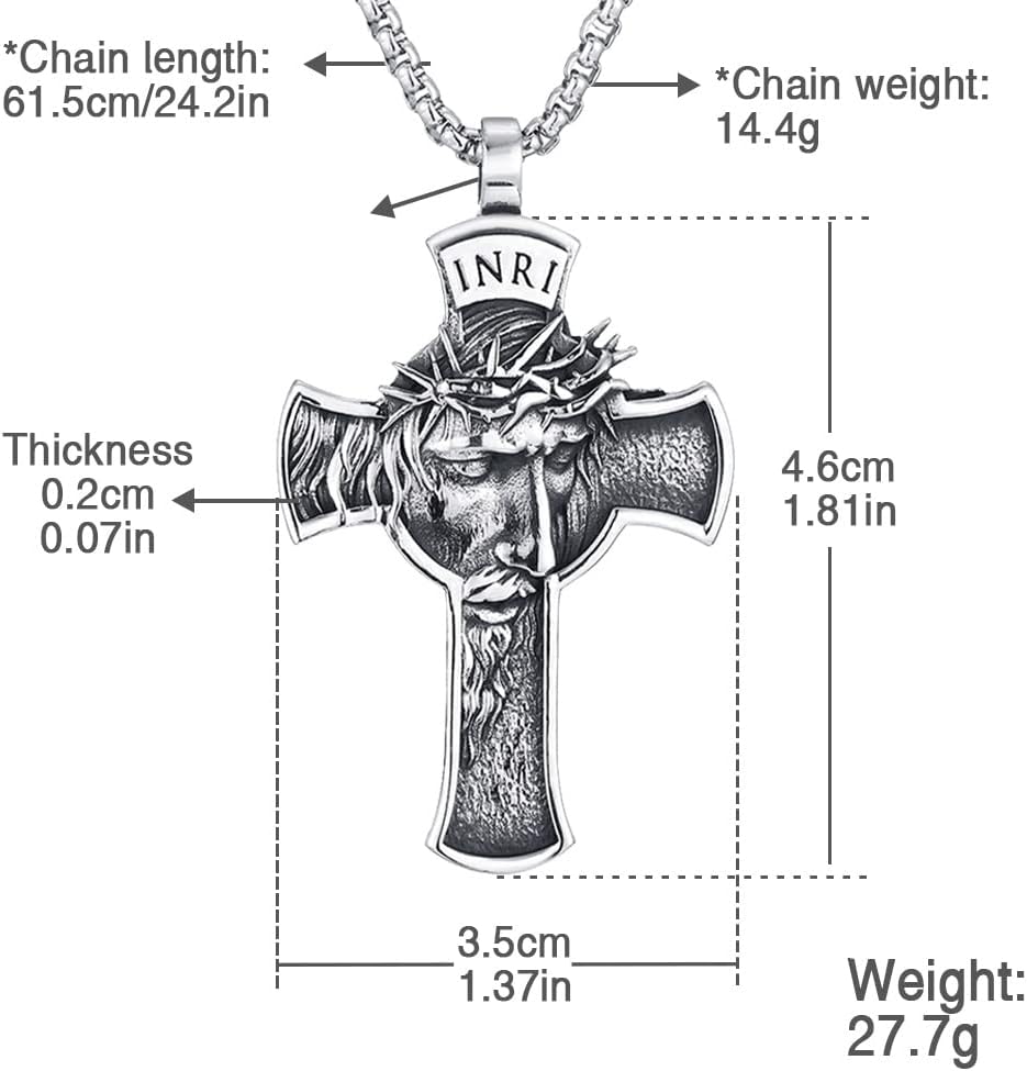 NIGHTCRUZ INRI Jesus Christ Necklace, Cross Pendant Necklace with Crown of Thorns Jesus
