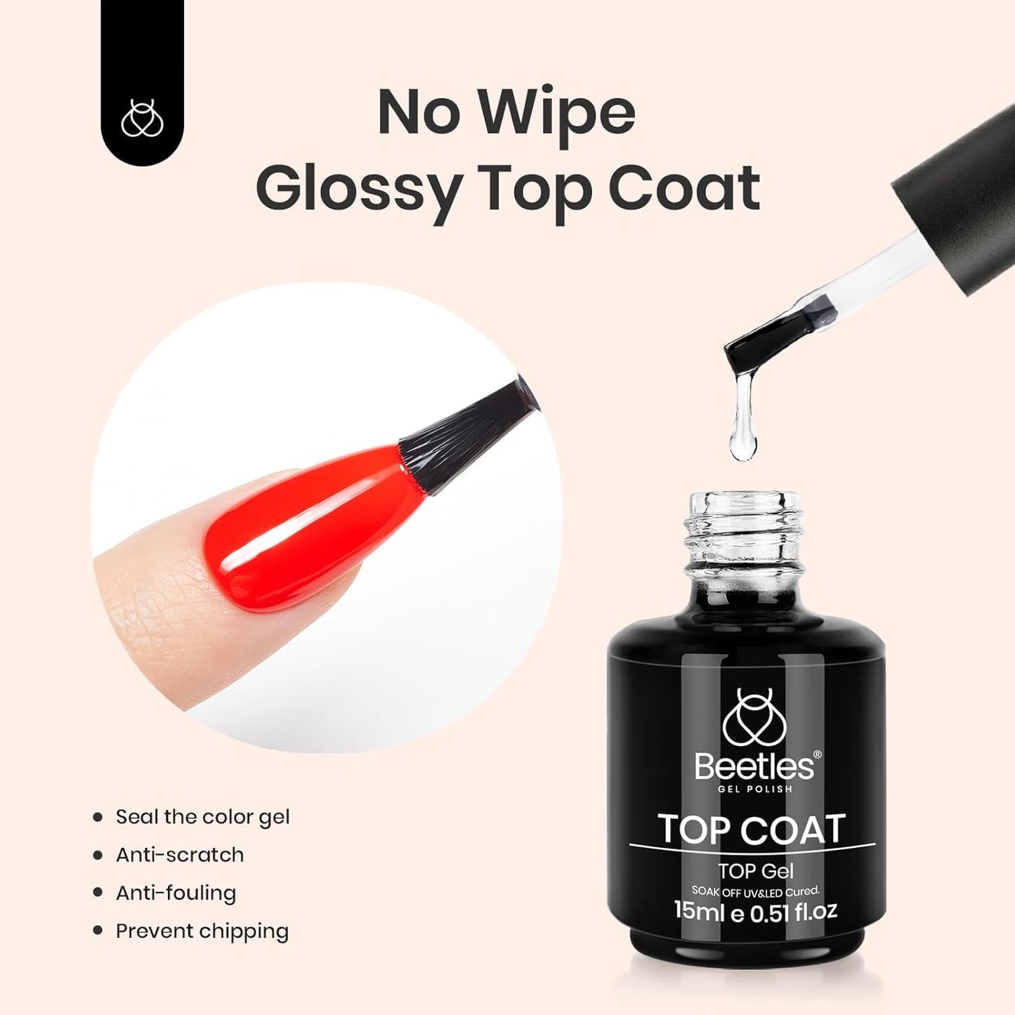 Beetles 2 Pcs 15ml No Wipe Gel Top Coat and Base Coat Set - Shine Finish and Long Lasting, Soak Off LED Nail Lamp Gel Base Top Coat Finish Nail Art Design Manicure