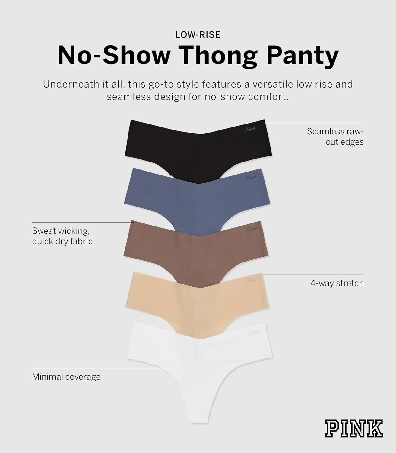 Victoria's Secret PINK Women's No Show Thong Underwear, Panties for Women, Multi Pack (XS-XXL)