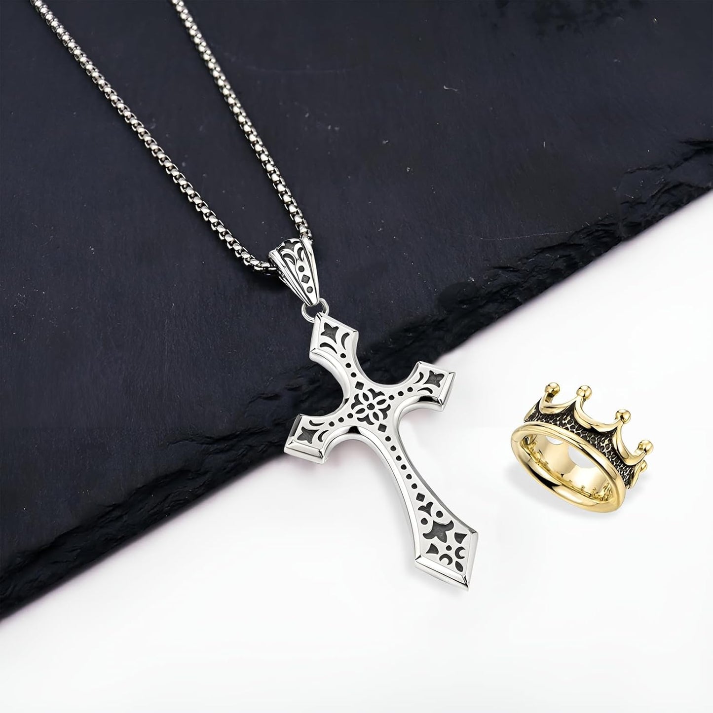 Elegant Cross Necklace for Men Stainless Steel Chain with Detachable Crown Pendant
