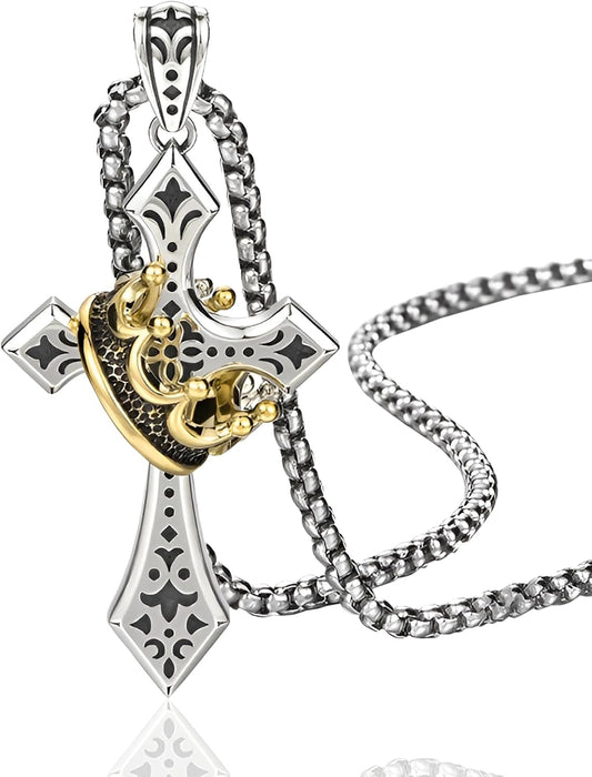 Elegant Cross Necklace for Men Stainless Steel Chain with Detachable Crown Pendant