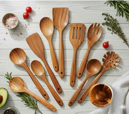 Wooden Utensil Set – Natural Teak Wooden Kitchen Utensils Set with Sturdy, Easy-to-Clean Wooden Spoons for Cooking – Non-Scratch Teak Cooking Utensils (11 pcs)