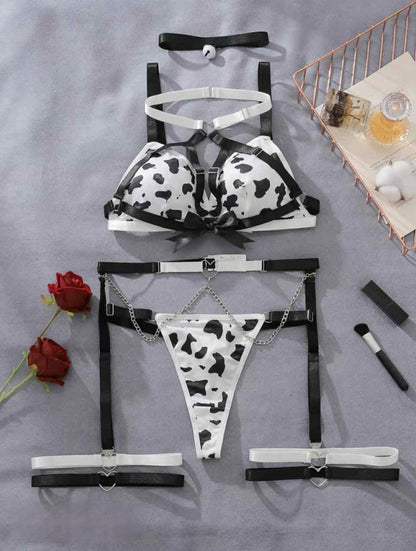 9 Piece Cow Print Hollow Out Strappy Lingerie Set with Garter Belt