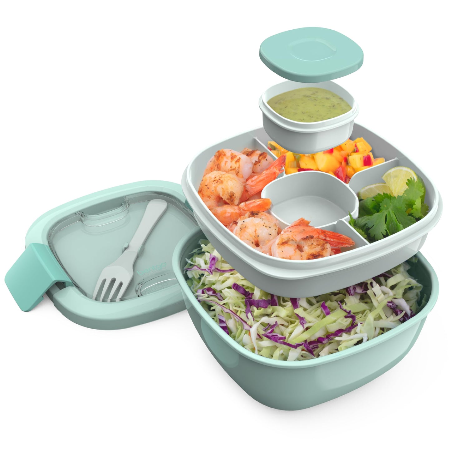 Salad Container - 54 oz Bowl with 4-Compartment Toppings Tray, Leak-Proof Dressing Container, Reusable Fork, BPA-Free Lunch Box for Meal Prep & Food Storage; Removable Bento Tray