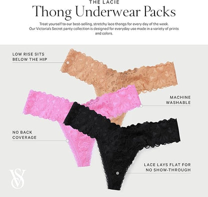 Victoria's Secret Women's Lace Thong Underwear, Panties for Women, Multi Pack
