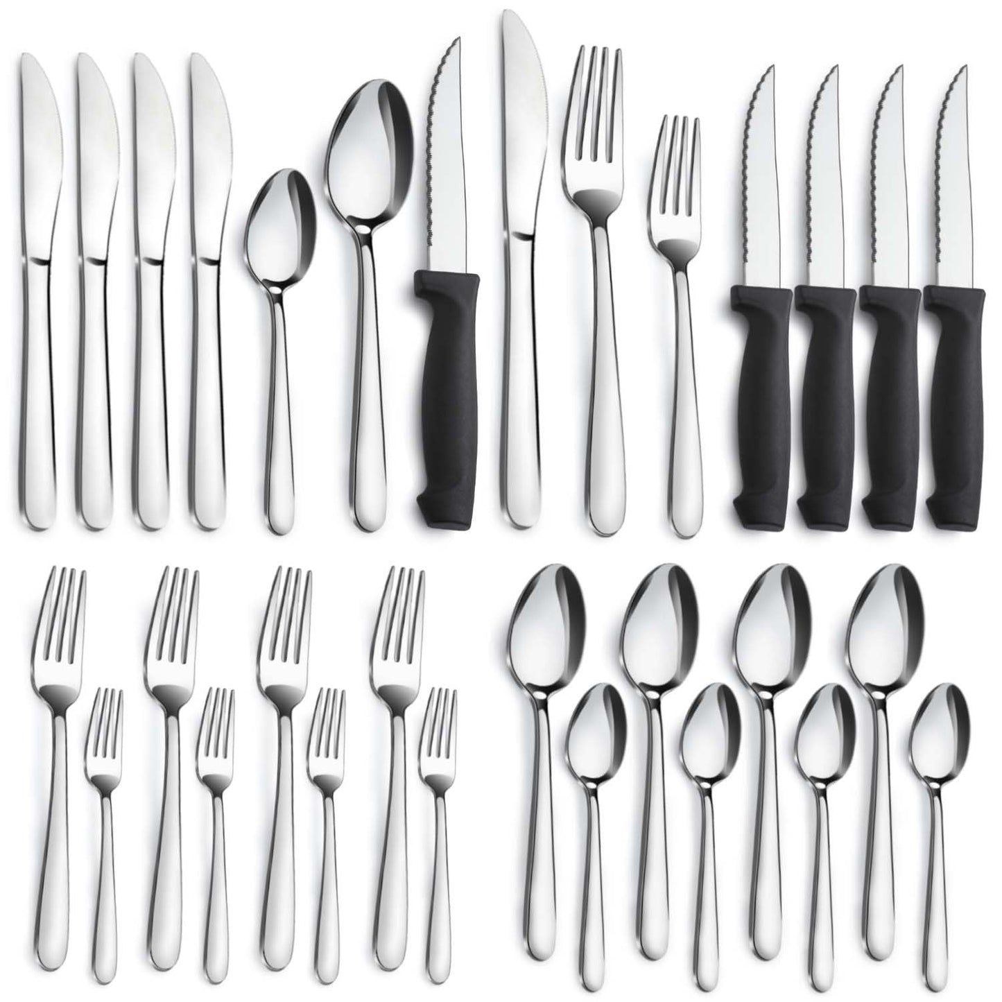 Stainless Steel Flatware with Steak Knives, Forks, Spoons, Knives - Dishwasher Safe for Home or Restaurant