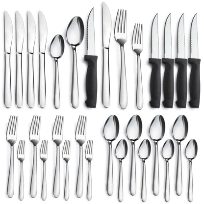 Stainless Steel Flatware with Steak Knives, Forks, Spoons, Knives - Dishwasher Safe for Home or Restaurant