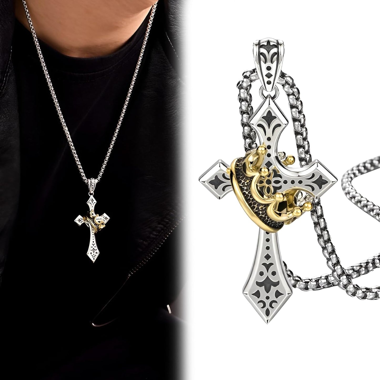 Elegant Cross Necklace for Men Stainless Steel Chain with Detachable Crown Pendant