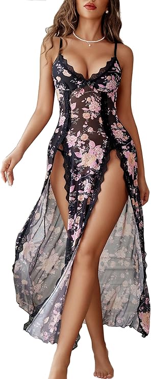 Lingerie Lace Babydoll Chemise Sexy Mesh Nightdress V Neck Nightwear Side Split Nightgown