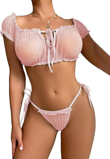 2 Piece Lingerie Set Mesh Sheer Lettuce Trim Tie Front Bra and Thong Sets