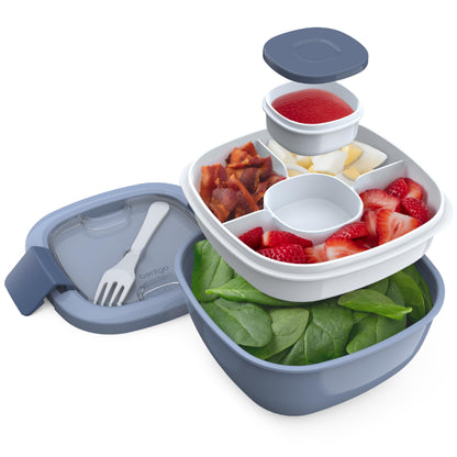 Salad Container - 54 oz Bowl with 4-Compartment Toppings Tray, Leak-Proof Dressing Container, Reusable Fork, BPA-Free Lunch Box for Meal Prep & Food Storage; Removable Bento Tray