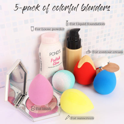BEAKEY Makeup Sponge Set 5 Pack Micro Porous Low Absorption Soft Latex Free Foundation Beauty Sponges & Blenders for Powder Cream
