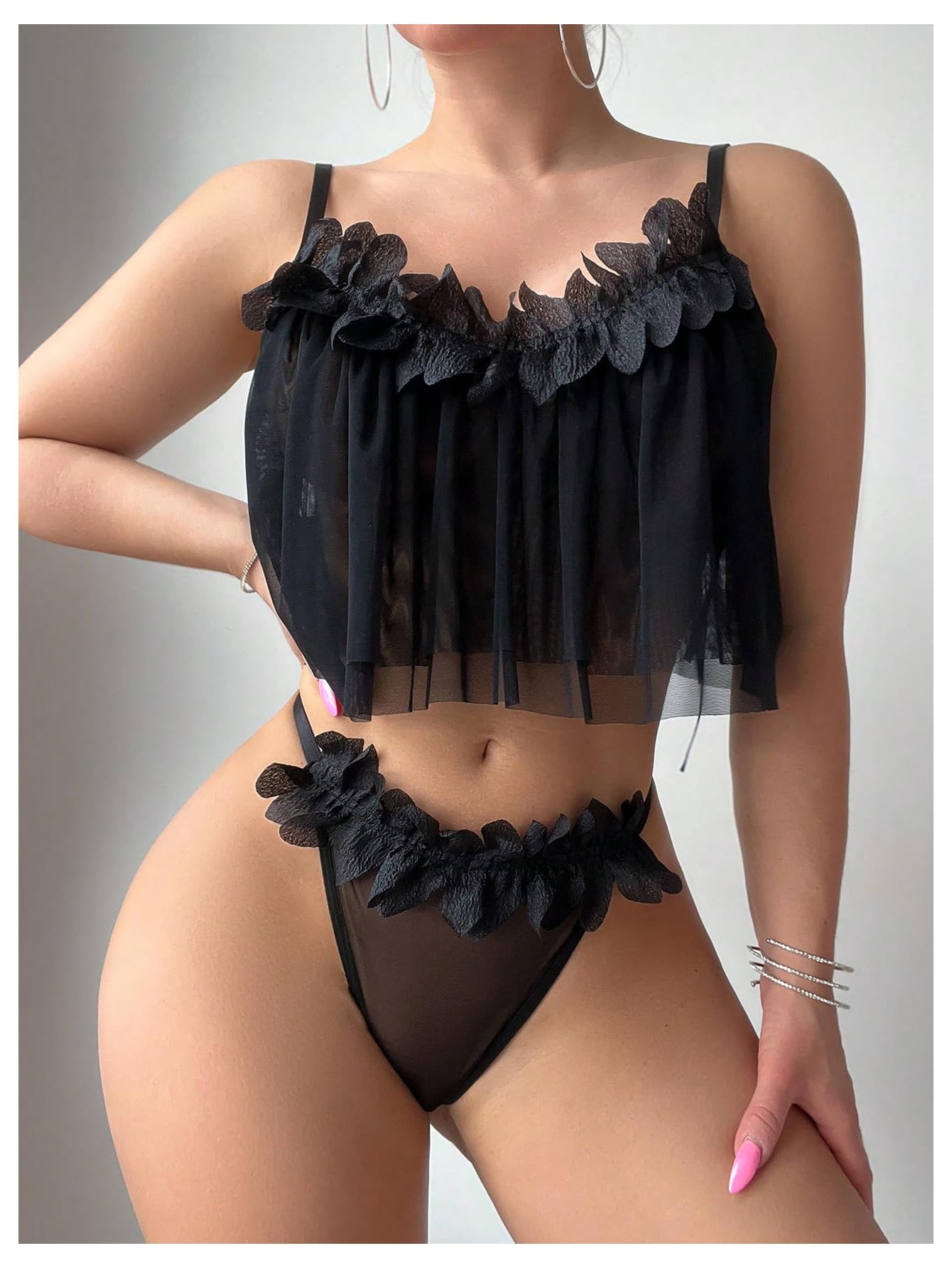 2 Piece Lingerie Babydoll Floral Appliques Sheer Mesh Bra and Low Rise Thong Set