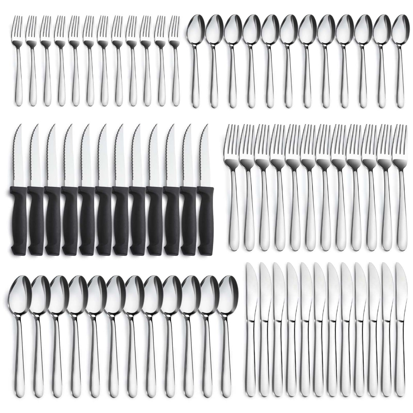Stainless Steel Flatware with Steak Knives, Forks, Spoons, Knives - Dishwasher Safe for Home or Restaurant
