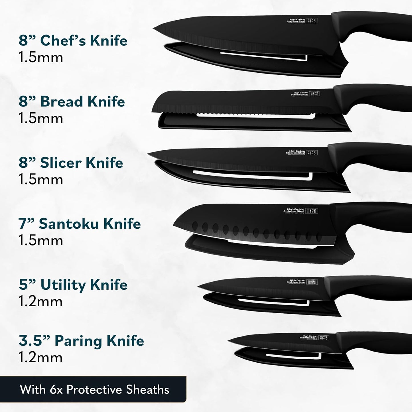 High Carbon Stainless Steel Knife Set - Chef Knife Set Precision Slicing & Versatility - Nonstick Ceramic Coated Blades & Easy Cleaning - Ergonomic Handles & Secure Grip - 12-Piece, Black