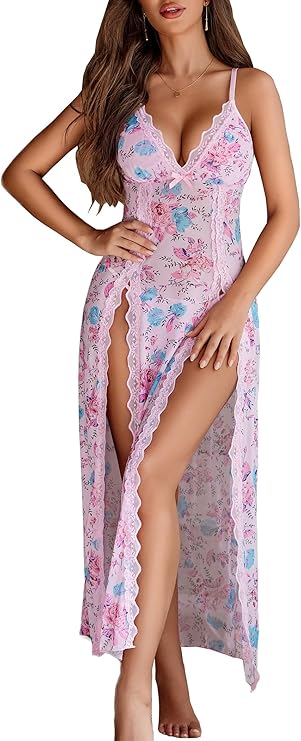 Lingerie Lace Babydoll Chemise Sexy Mesh Nightdress V Neck Nightwear Side Split Nightgown