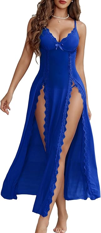 Lingerie Lace Babydoll Chemise Sexy Mesh Nightdress V Neck Nightwear Side Split Nightgown