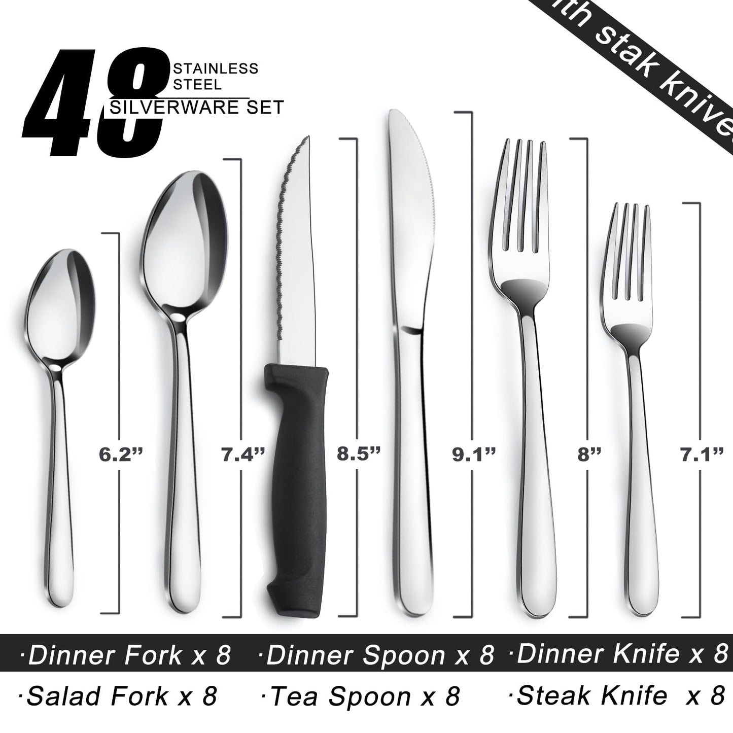 Stainless Steel Flatware with Steak Knives, Forks, Spoons, Knives - Dishwasher Safe for Home or Restaurant